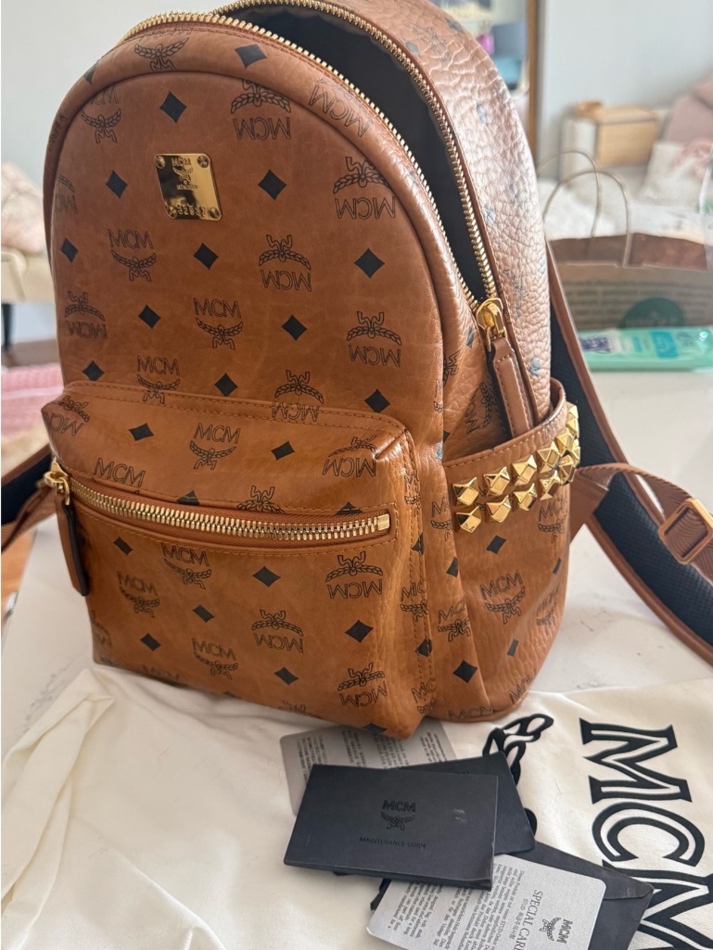 MCM Cognac Logo-Print Studded Mini Backpack - Picture 2 of 4